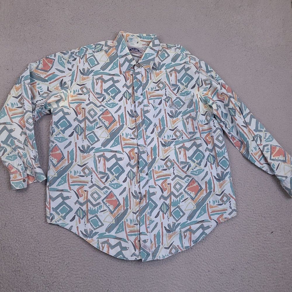 Levi's Casual Button-Down Shirt in White with Teal and Coral Geometric Print